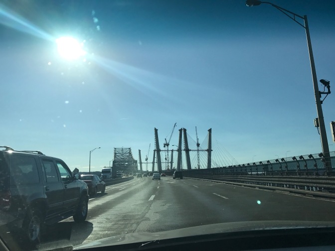 New and Old Tappan Zee Bridges, from street-level.