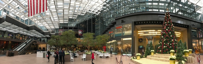 Lobby of IDS Center. A Christmas Tree is on the right side of the image.