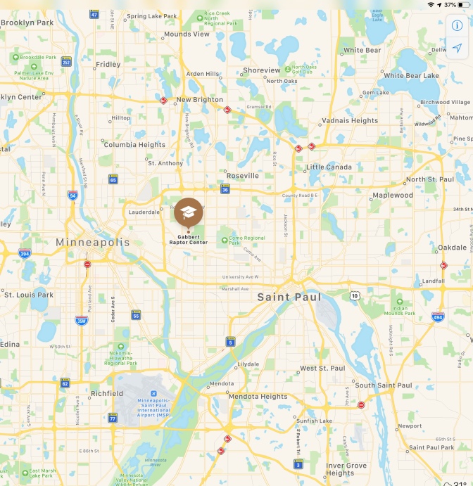 Map of Minneapolis and St. Paul, with a red pin in the location of Gabbert Raptor Center.