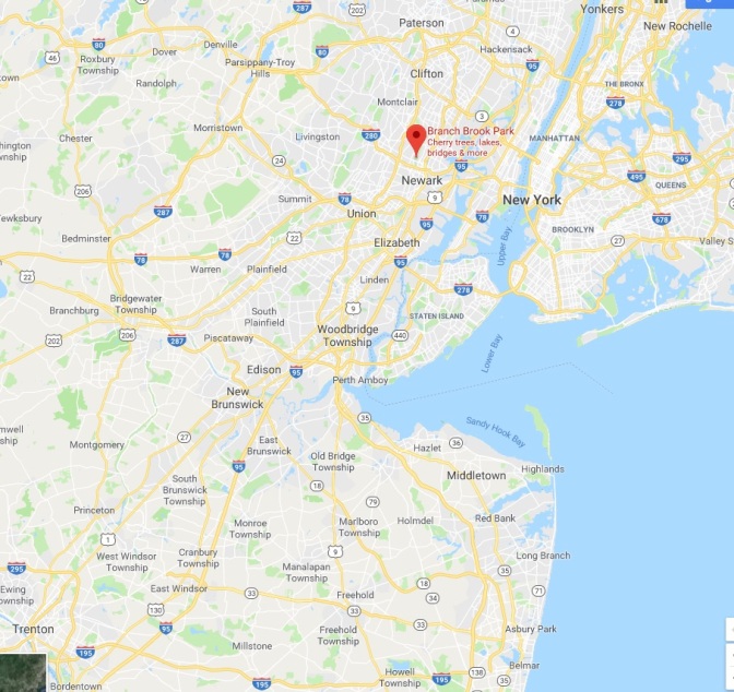 Map of New Jersey and New York, with a red pin in the location of Branch Brook Park in Newark, NJ.