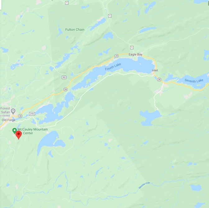 Map of Fulton Chain of Lakes region of the Adirondacks with a red pin in location of McCauley Mountain.