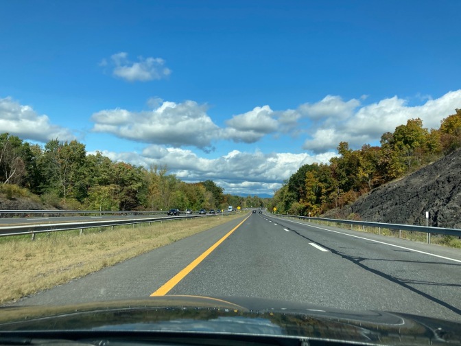 View of I-87 with blue skies.