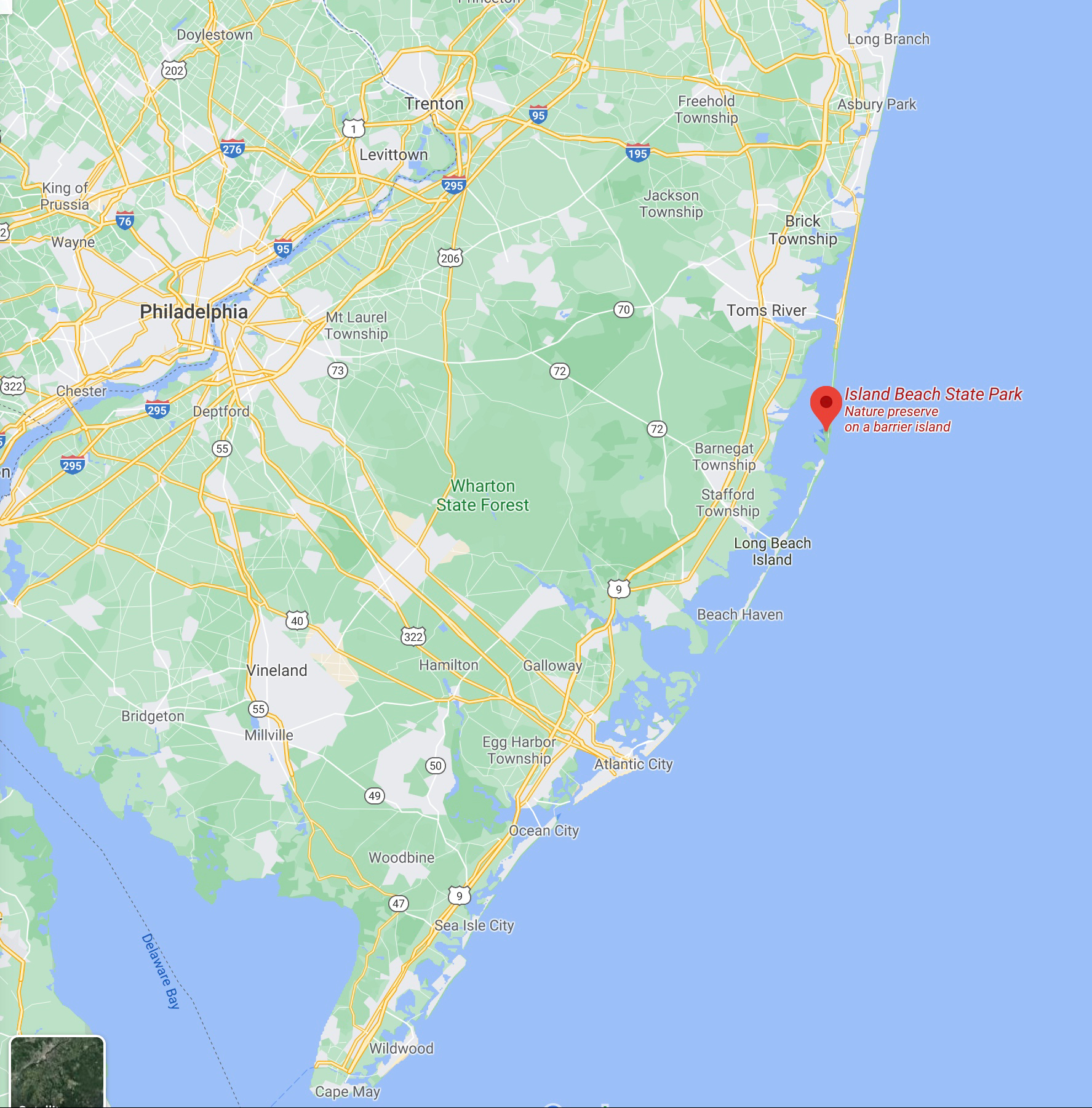 Map of New Jersey Shore, with a red pin in location of Island Beach State Park