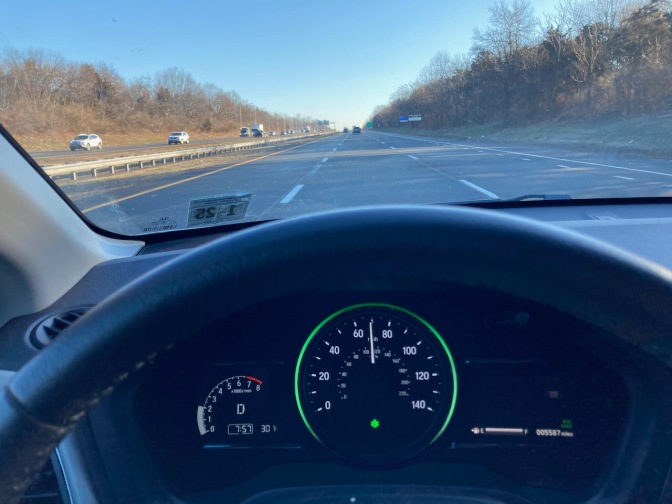 View of dashboard of Honda HR-V, with I-287 in distance.