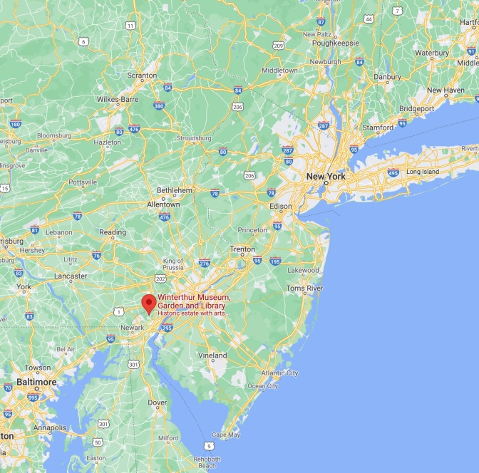 Map of New Jersey, Pennsylvania, and Delaware, with a red pin in location of Winterthur Museum in northeastern Delaware.