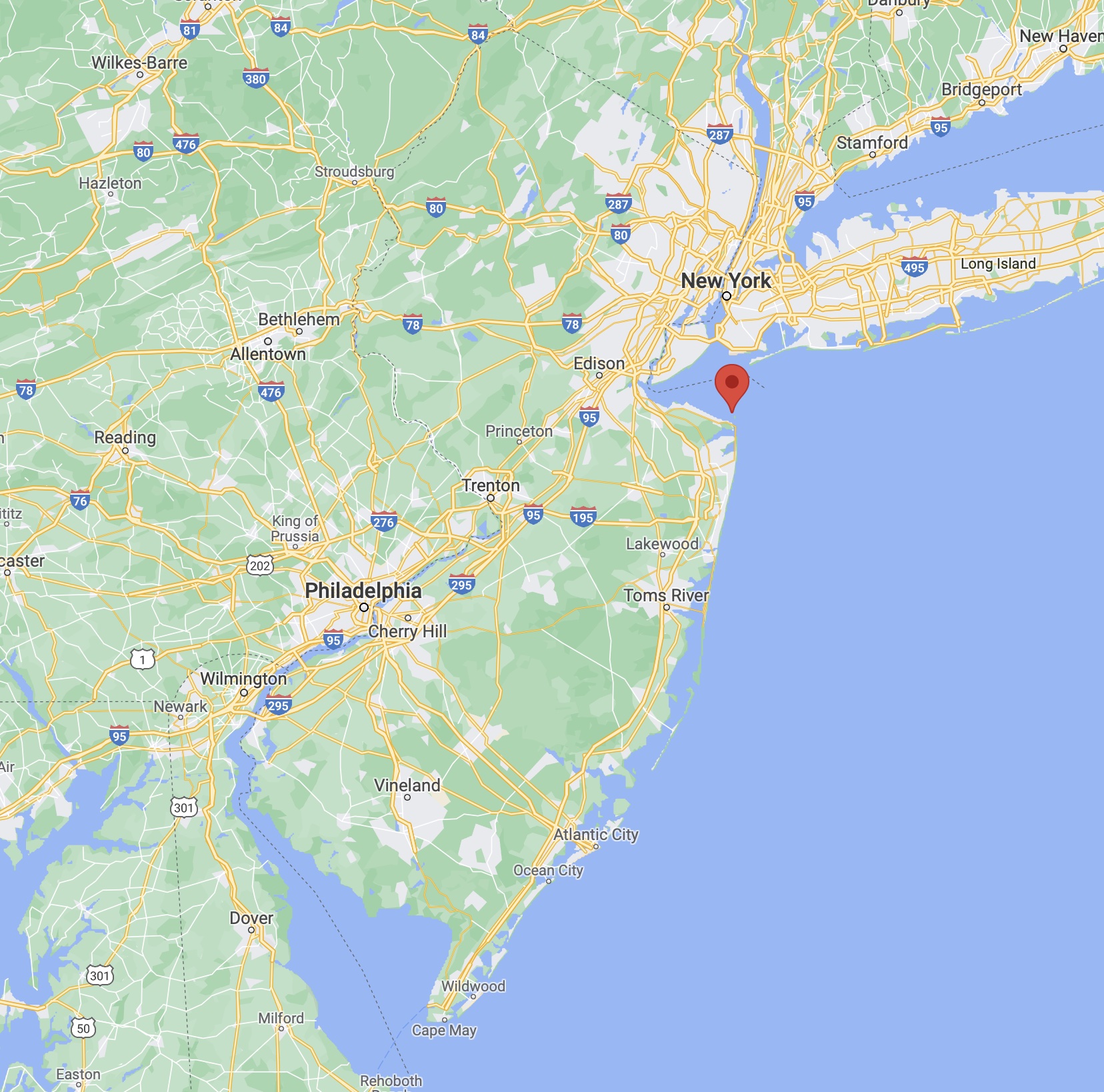 Map of New Jersey, with red pin in location of Gateway National Recreation Area - Sandy Hook
